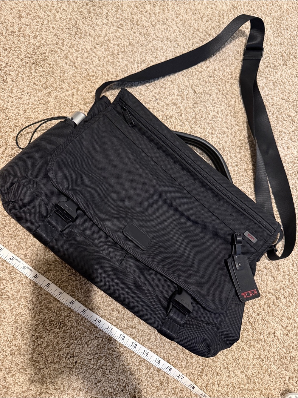 Tumi Black Nylon Crossbody Messenger Bag with Red Logo Tag
